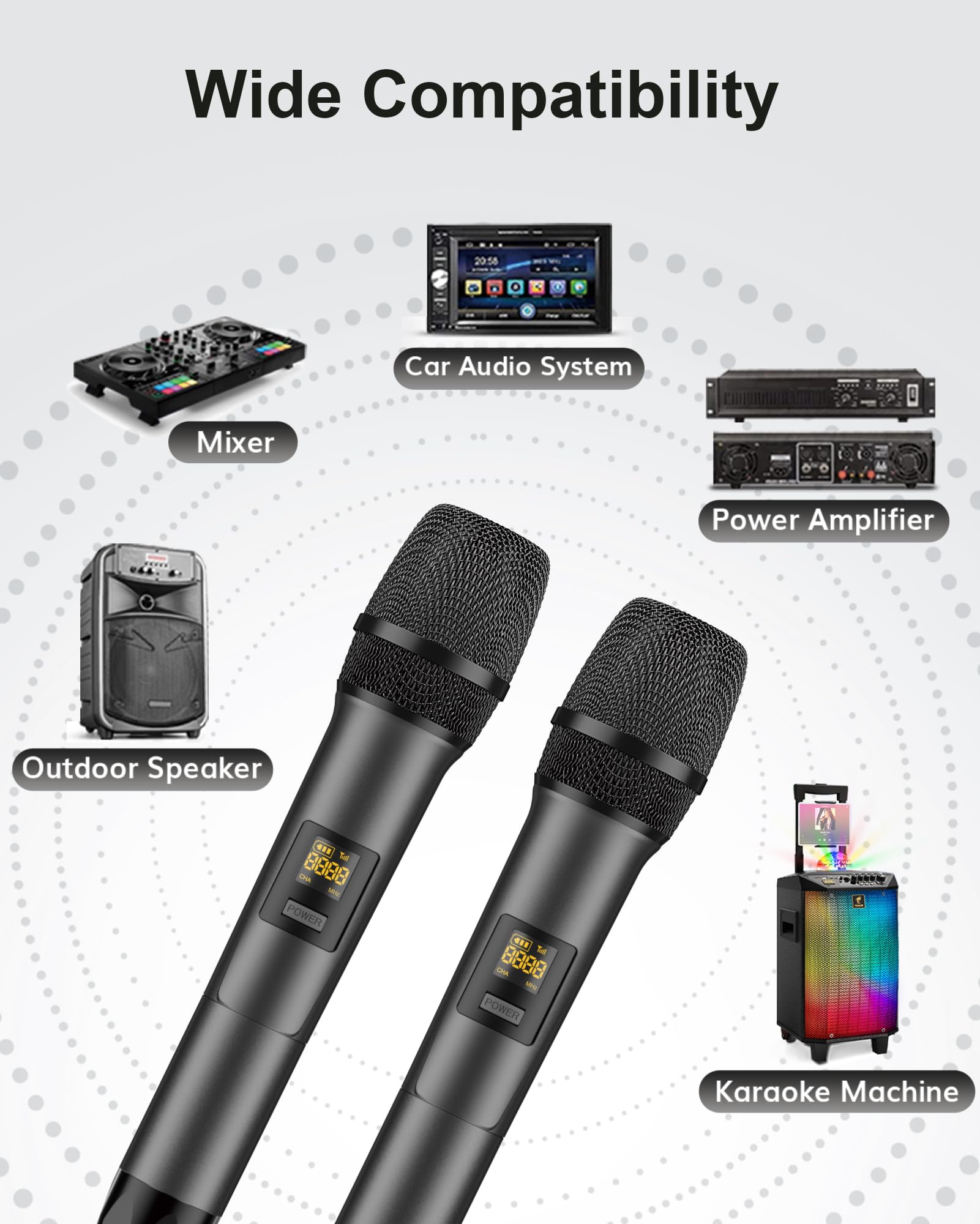 TONOR Dual Wireless Microphone Systems, UHF Cordless Karaoke Microfono Set, Metal Handheld Dynamic Mic 200ft for Singing with Re